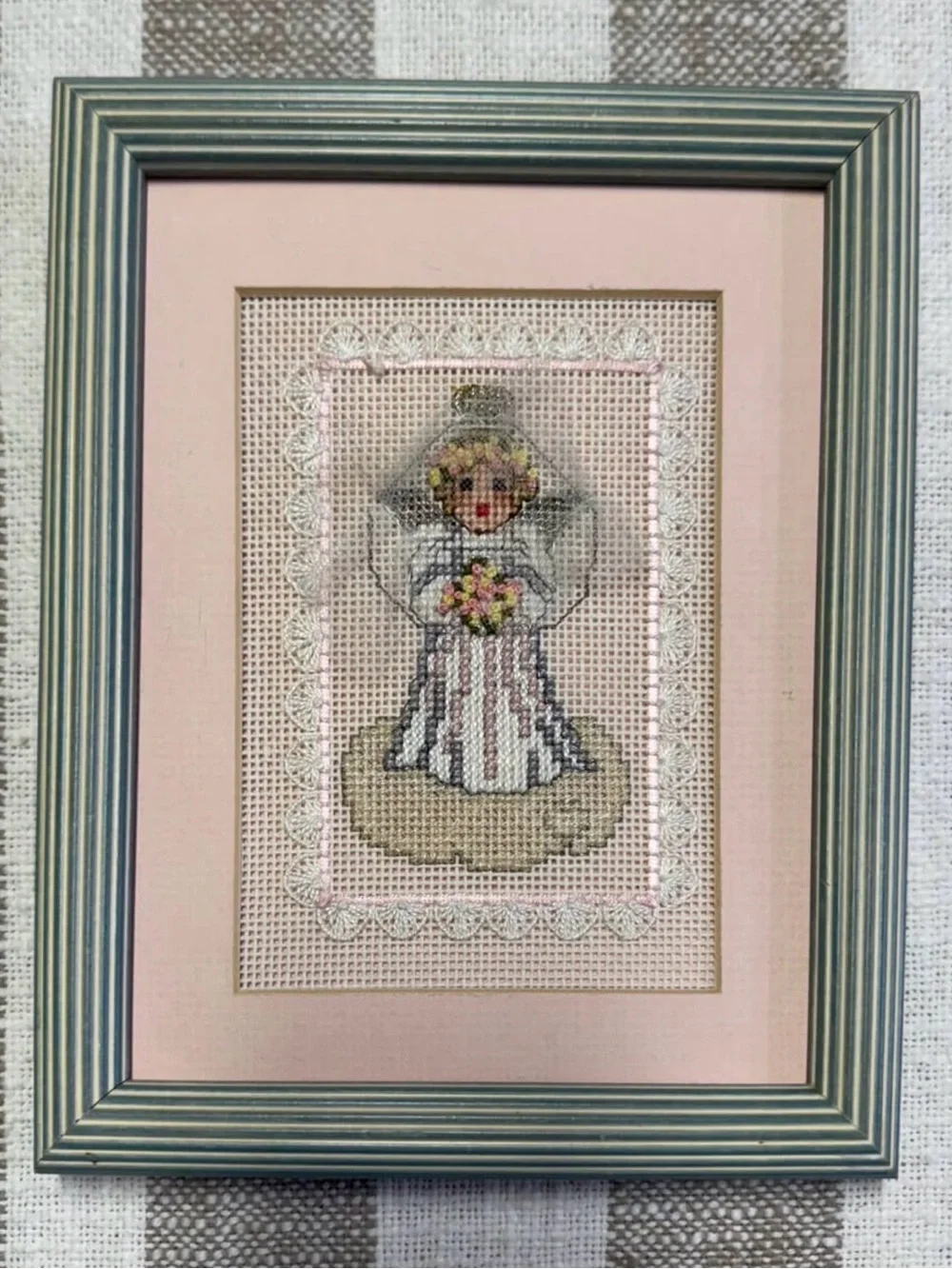 Vintage Cross-Stitched Bride Picture Matted and Framed Professionally